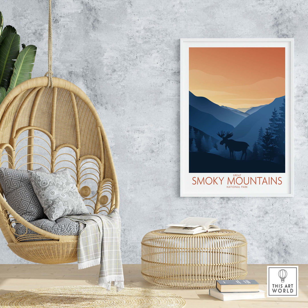 Smoky Mountains National Park art print in a cozy living room setting, highlighting nature-inspired decor.