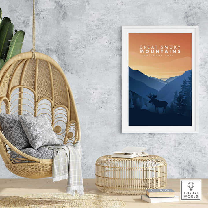 Great Smoky Mountains art print displayed in a stylish interior with a hanging chair and decorative accents.