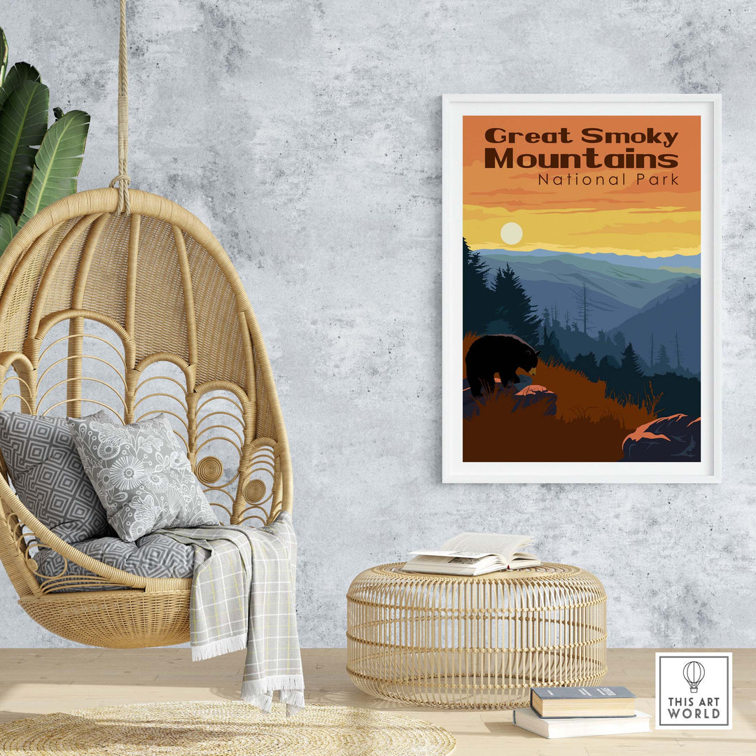 Great Smoky Mountains National Park print showcasing vintage-style artwork in a stylish home setting.