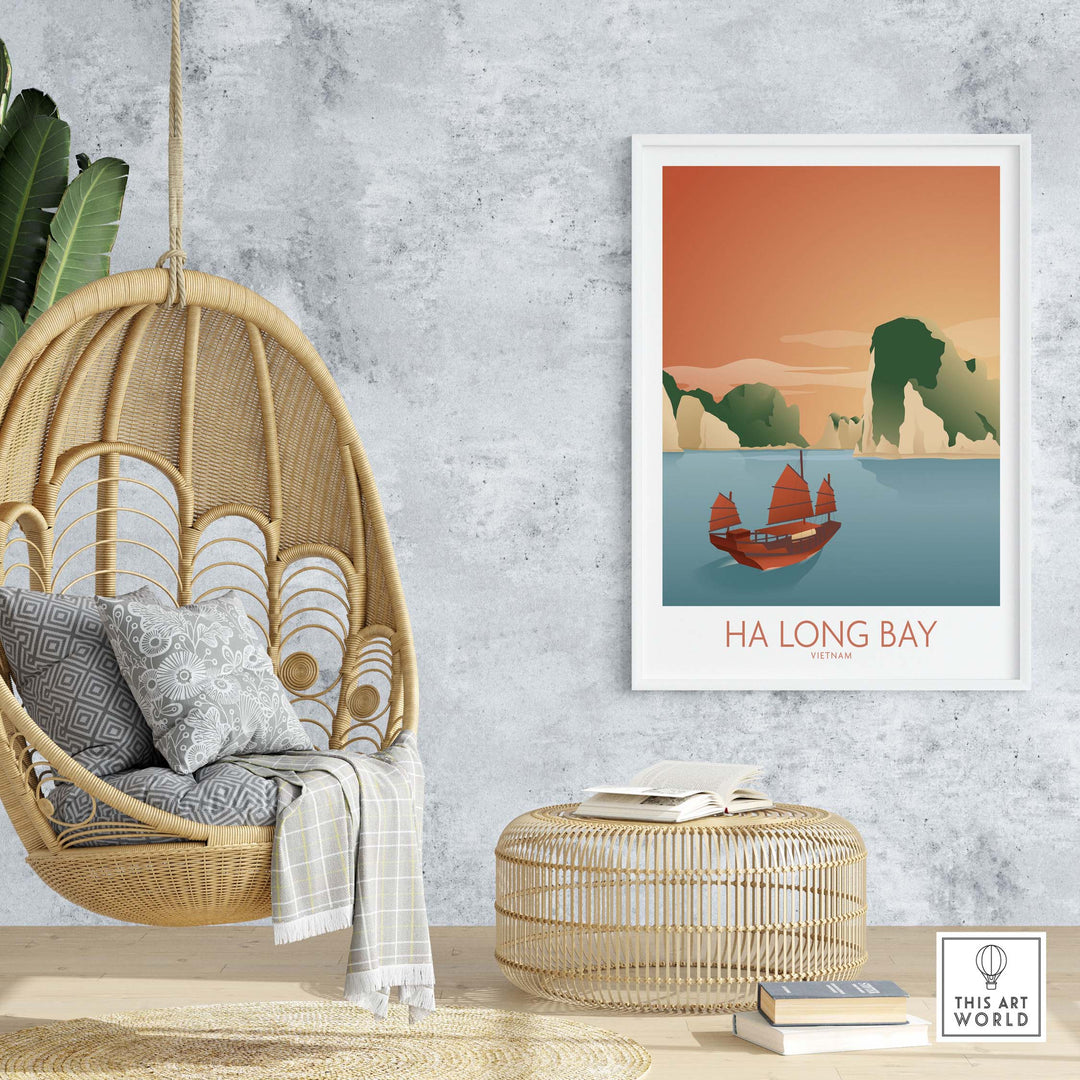 Ha Long Bay wall art print featuring boats and mountains, perfect for travel-inspired home decor.