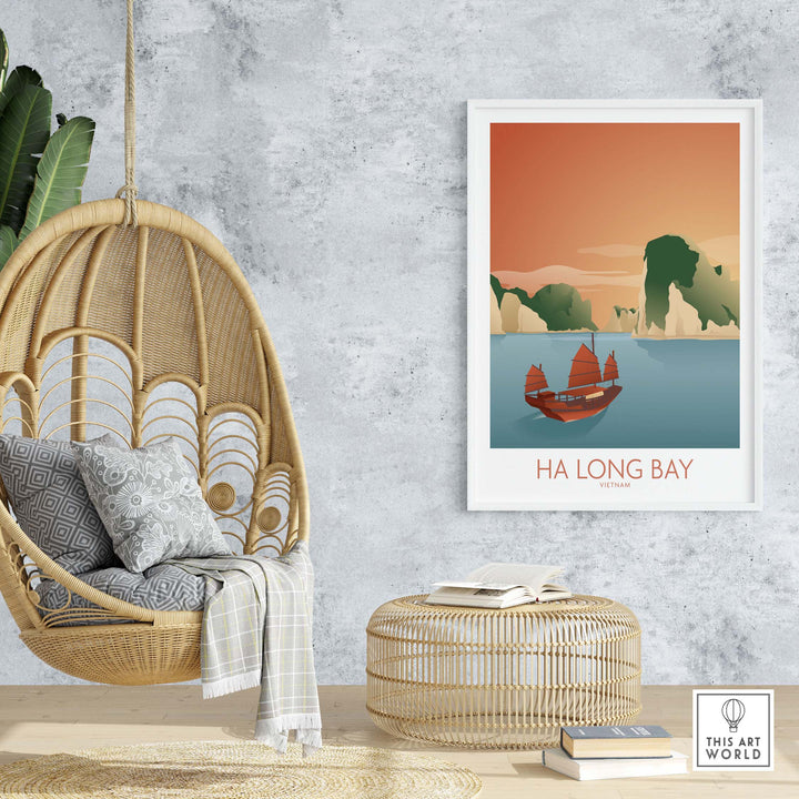 Ha Long Bay wall art print featuring boats and mountains, perfect for travel-inspired home decor.