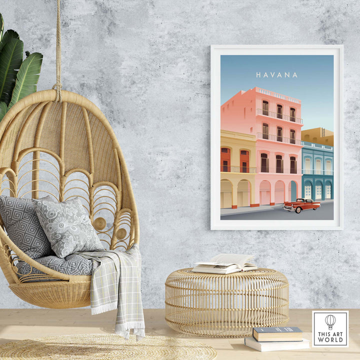 Havana Wall Art Poster displayed in a stylish interior with a hanging chair and cozy decor, evoking wanderlust.