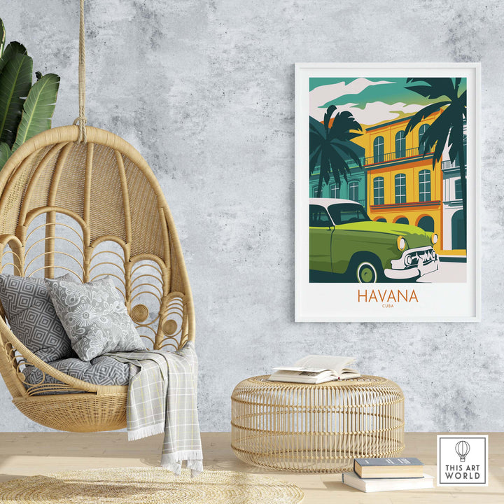 Havana Cuba vintage poster print featuring palm trees and classic car in stylish home decor setting.