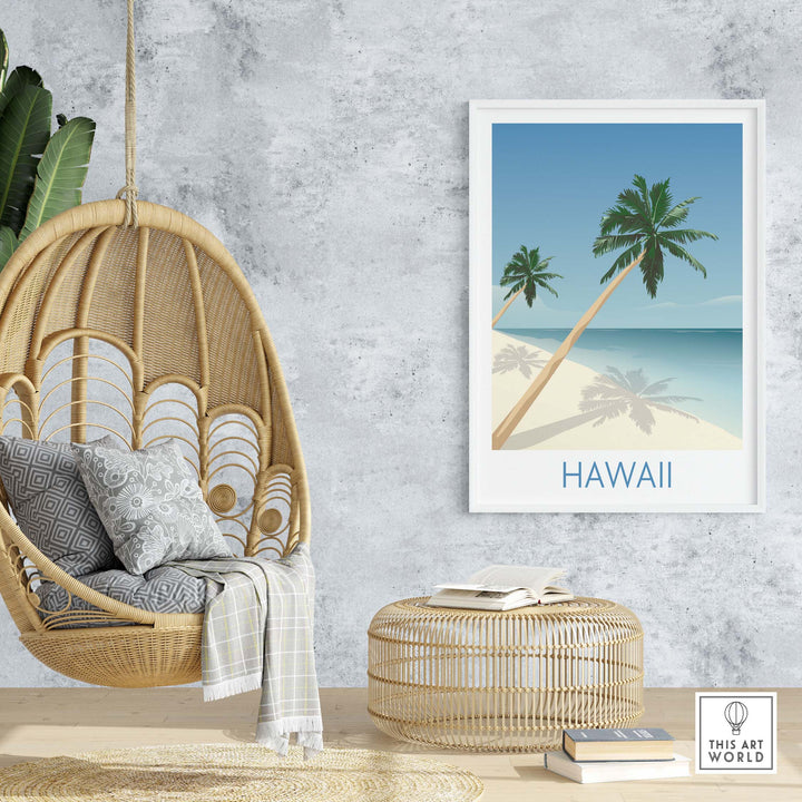 Hawaii Beach Wall Art Print featuring palm trees and serene ocean, ideal for home or office decor.