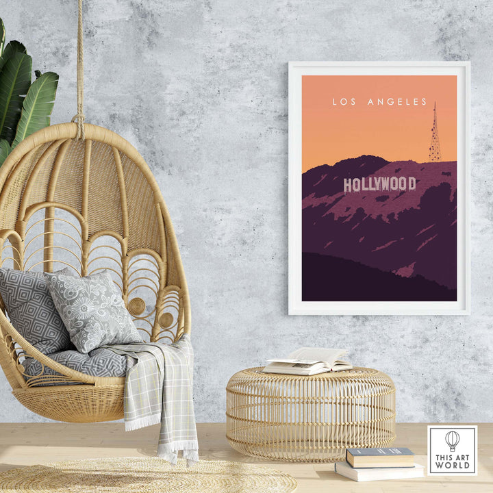 Hollywood Sign print wall art poster in a stylish interior with hanging chair and natural decor.
