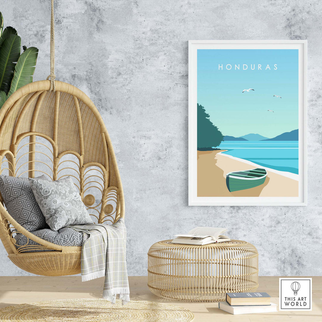 Honduras travel poster print in a stylish interior with hanging chair and natural decor, evoking wanderlust and nostalgia.