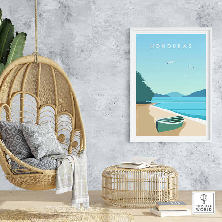 Honduras travel poster print in a stylish interior with hanging chair and natural decor, evoking wanderlust and nostalgia.