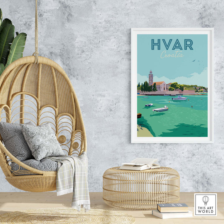 Hvar Croatia vintage travel poster art featuring boats and lush coastal scenery in a stylish home setting.