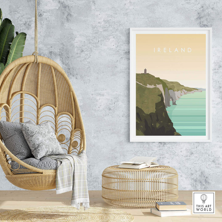 Ireland vintage travel poster in a cozy home setting with hanging chair and natural decor