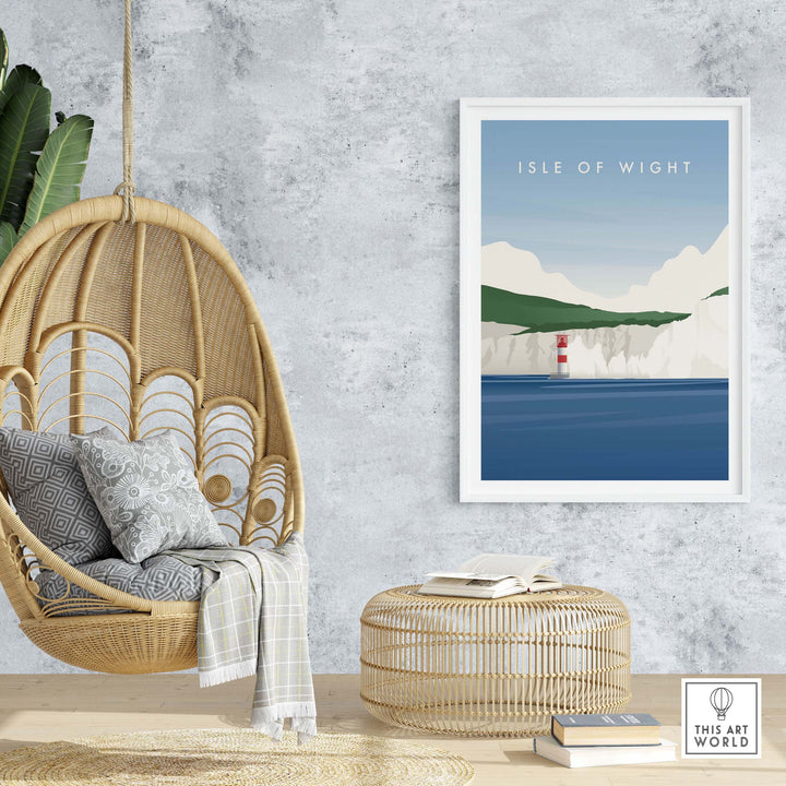 Isle of Wight wall art poster displayed in a cozy interior with a hanging chair and stylish decor.