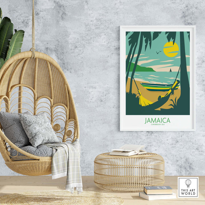 Jamaica Poster Retro featuring a serene beach scene, perfect wall art for travel enthusiasts and home decor.