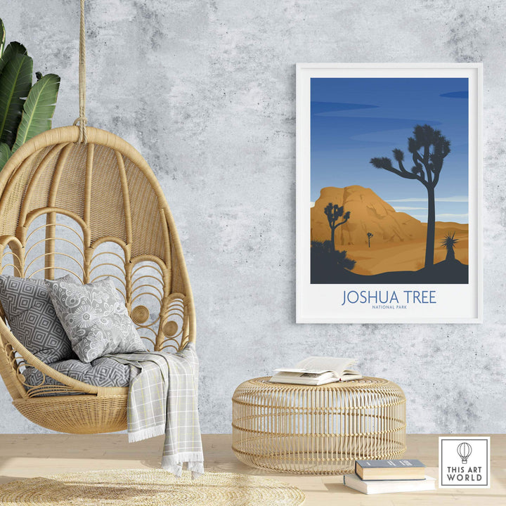 Joshua Tree National Park art print displayed in a cozy interior with hanging chair and natural decor.