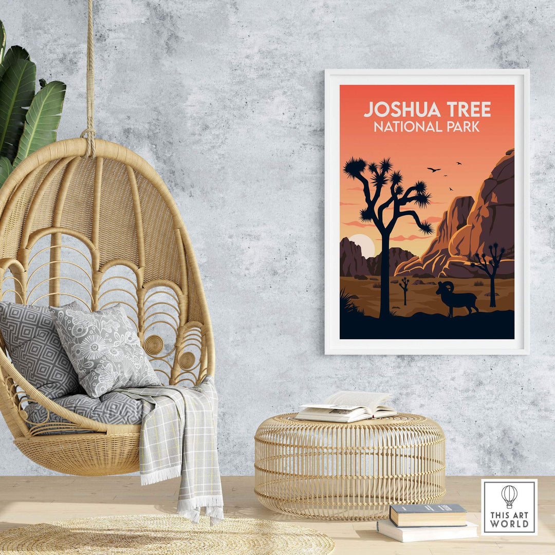 Joshua Tree National Park poster displayed in a stylish interior with hanging chair and decor accents.