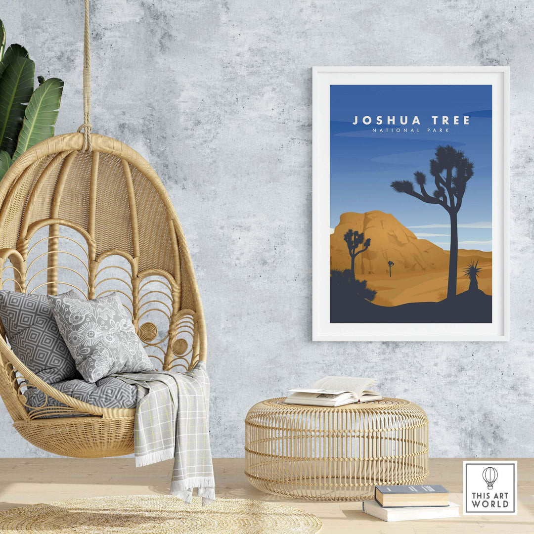 Framed Joshua Tree National Park art print in a modern home setting, capturing desert landscape vibes.