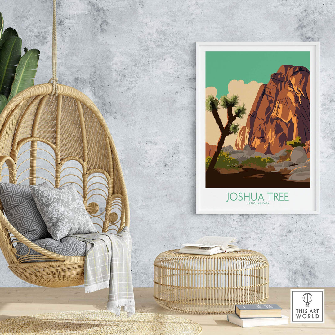 Joshua Tree poster print displayed in a cozy living room setting with a hanging chair and decorative elements.