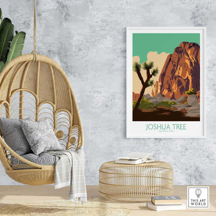 Joshua Tree poster print displayed in a cozy living room setting with a hanging chair and decorative elements.