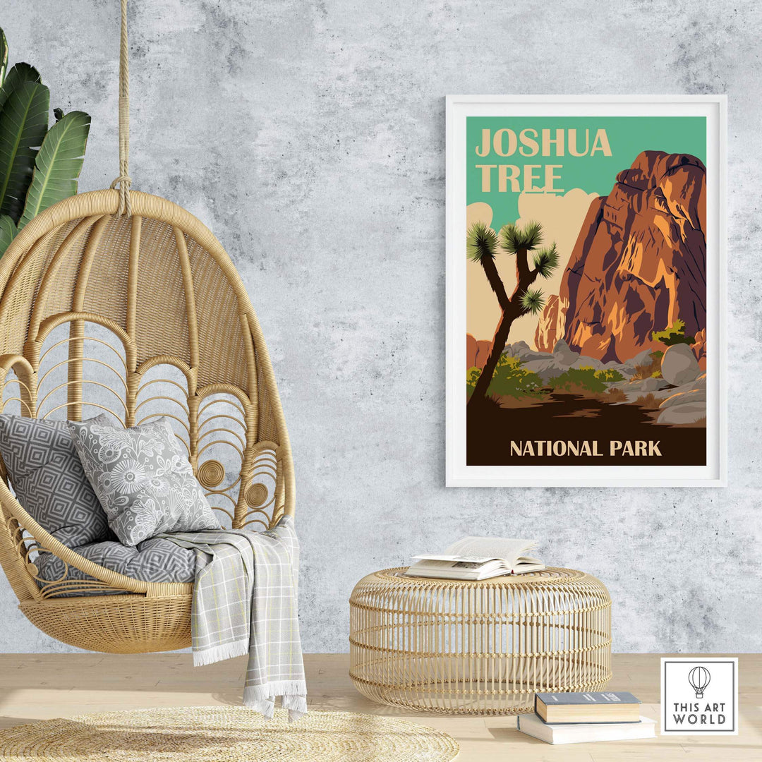 Vintage Joshua Tree National Park print displayed in a cozy living room with hanging chair and natural decor.