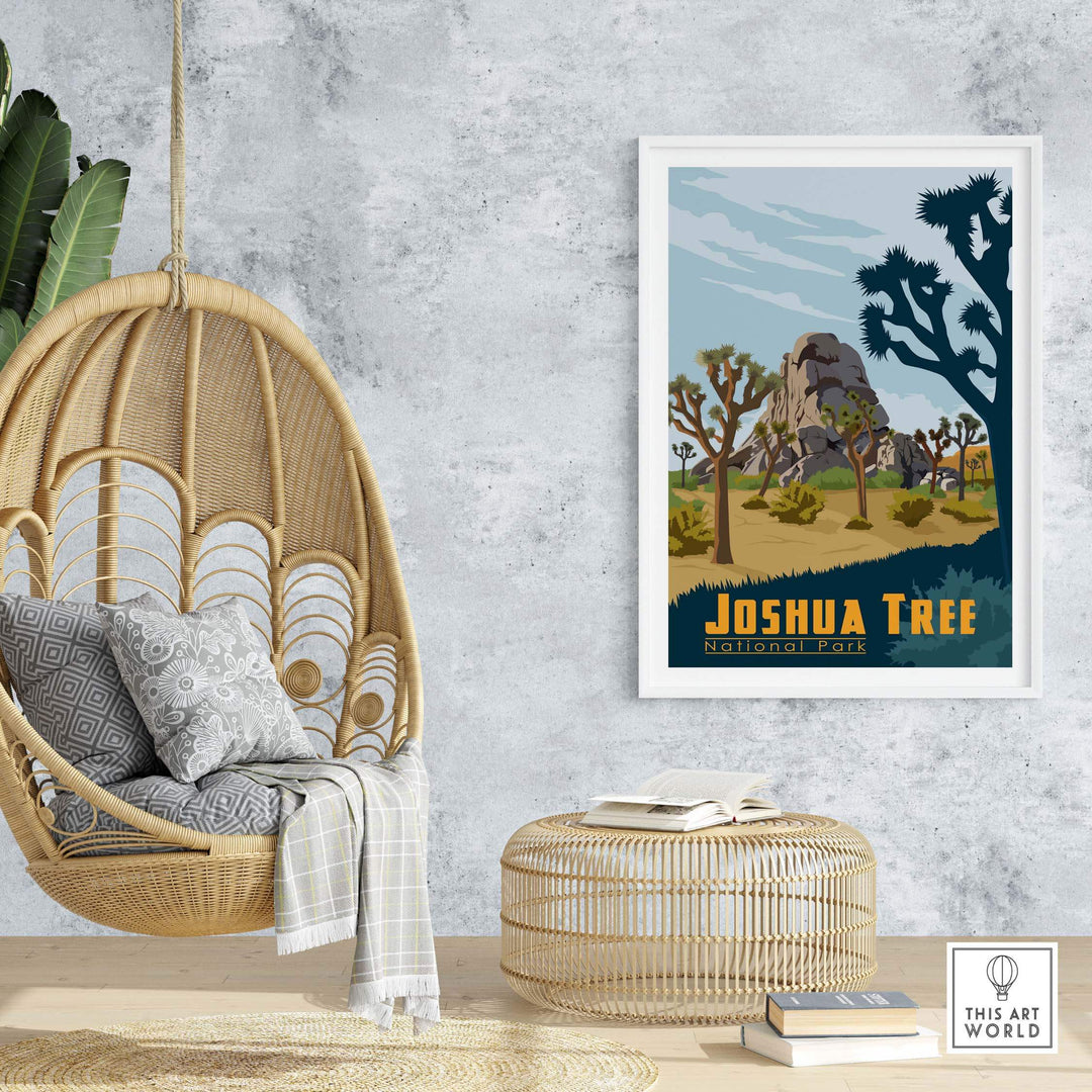 Joshua Tree National Park poster displayed in a stylish indoor setting with hanging chair and decorative elements.