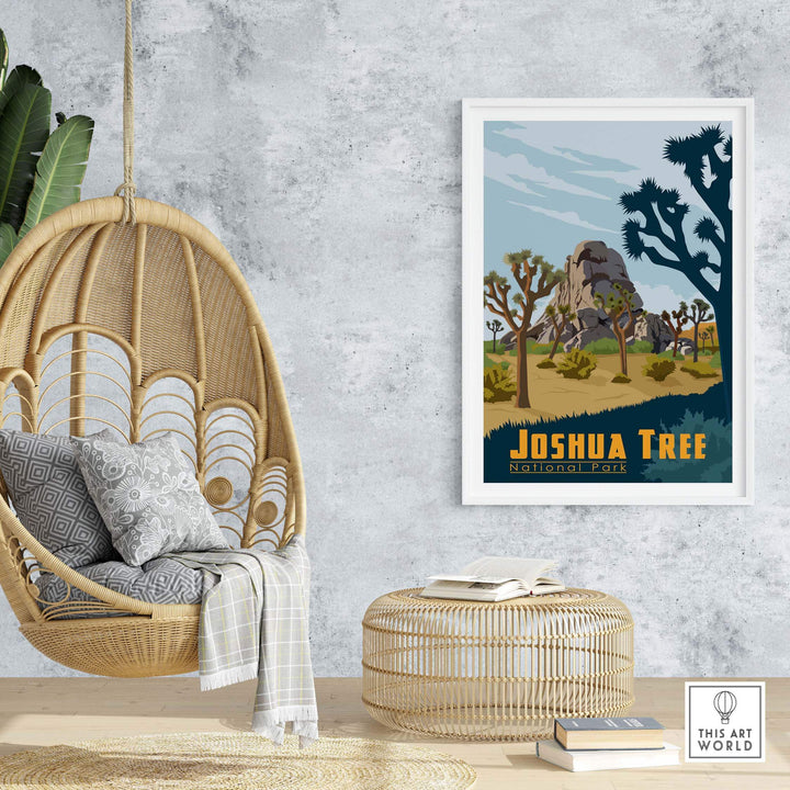 Joshua Tree National Park poster displayed in a stylish indoor setting with hanging chair and decorative elements.