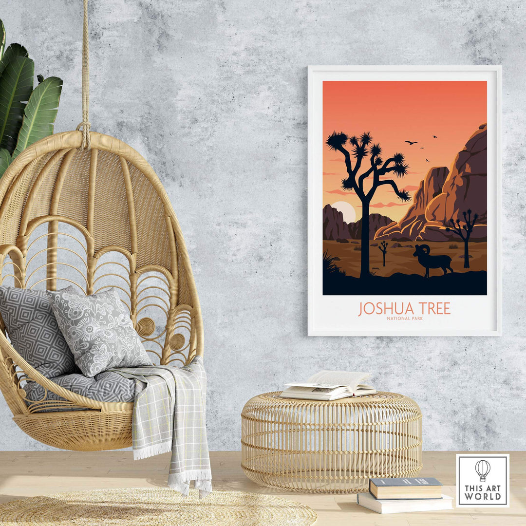 Joshua Tree National Park poster displayed in a cozy home setting with a hanging chair and natural decor.