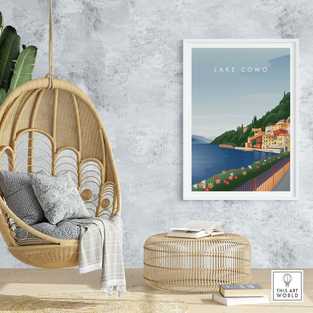 Lake Como Wall Art Poster displayed in a stylish living space with a hanging chair and decorative elements.