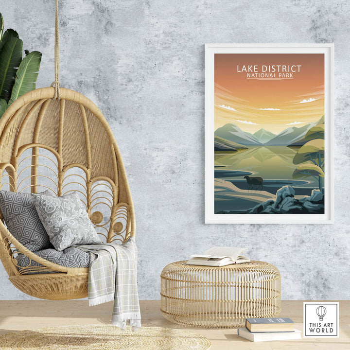 Lake District National Park poster framed in a stylish interior with a hanging chair and decorative elements.