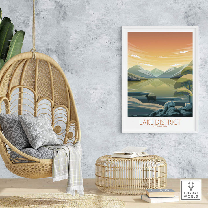 Lake District National Park poster in a modern minimalist style, displayed in a cozy interior with hanging chair.