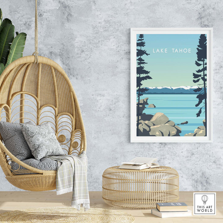 Lake Tahoe Print Wall Art Poster displayed in a cozy living space with a hanging chair and woven decor.