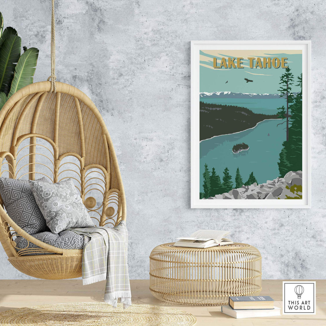 Lake Tahoe vintage print artwork displayed in a cozy interior, showcasing nature and wanderlust vibes.