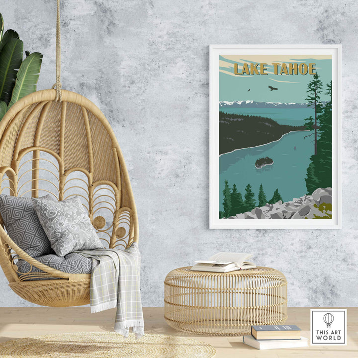 Lake Tahoe vintage print artwork displayed in a cozy interior, showcasing nature and wanderlust vibes.