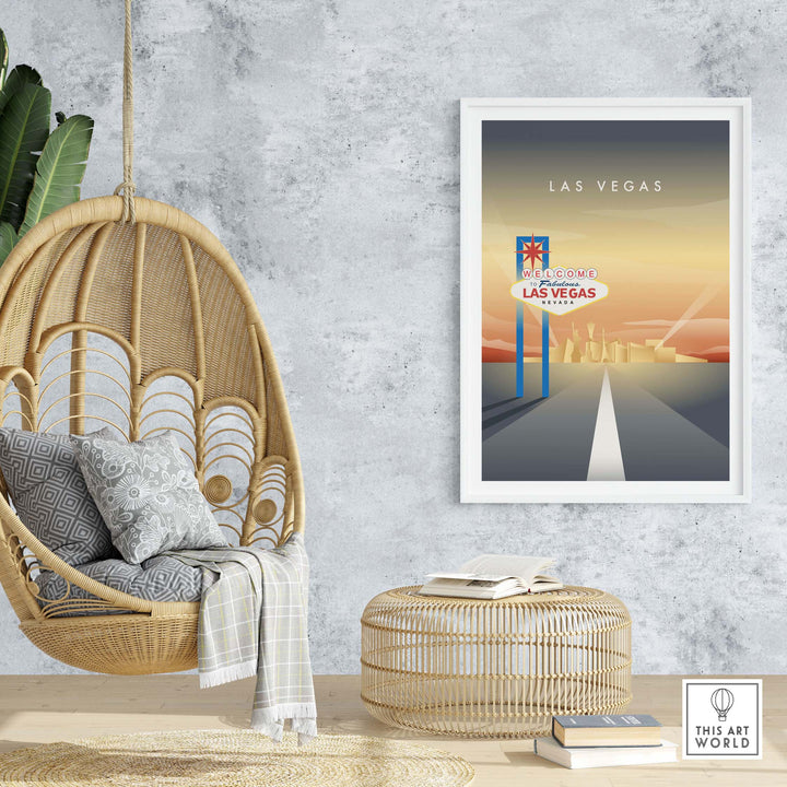 Las Vegas Wall Art Poster featuring the famous Welcome to Fabulous Las Vegas Sign, stylishly displayed in a modern setting.