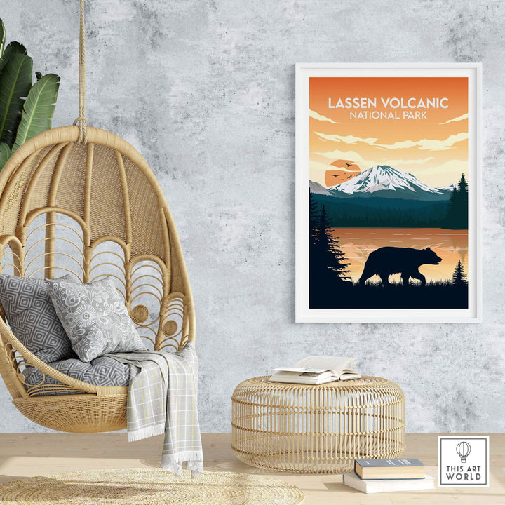 Lassen Volcanic National Park poster in a stylish home setting with a cozy hanging chair.