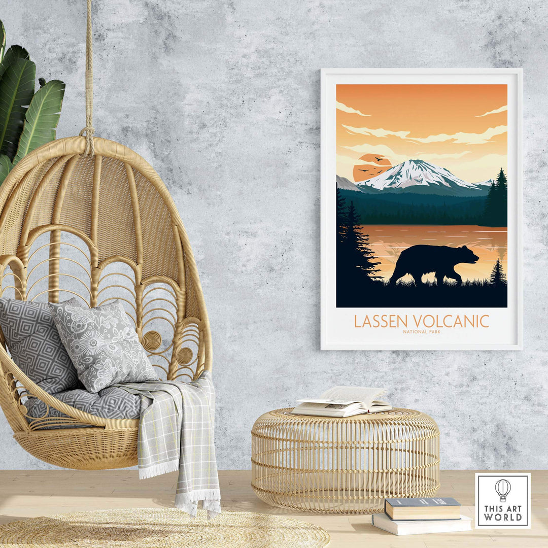 Lassen Volcanic National Park poster displayed in a stylish home setting with a bear silhouette and mountain backdrop.