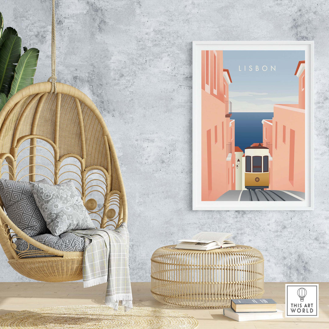 Lisbon wall art poster showcasing a vibrant city scene with tram, perfect for travelers and home decor.