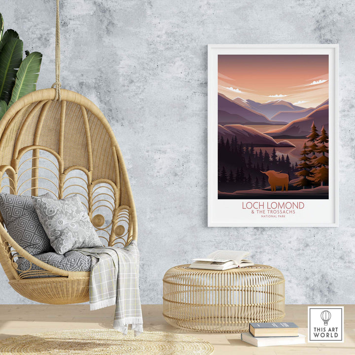 Loch Lomond and The Trossachs Print art in a modern minimalist style, framed in a cozy indoor setting.