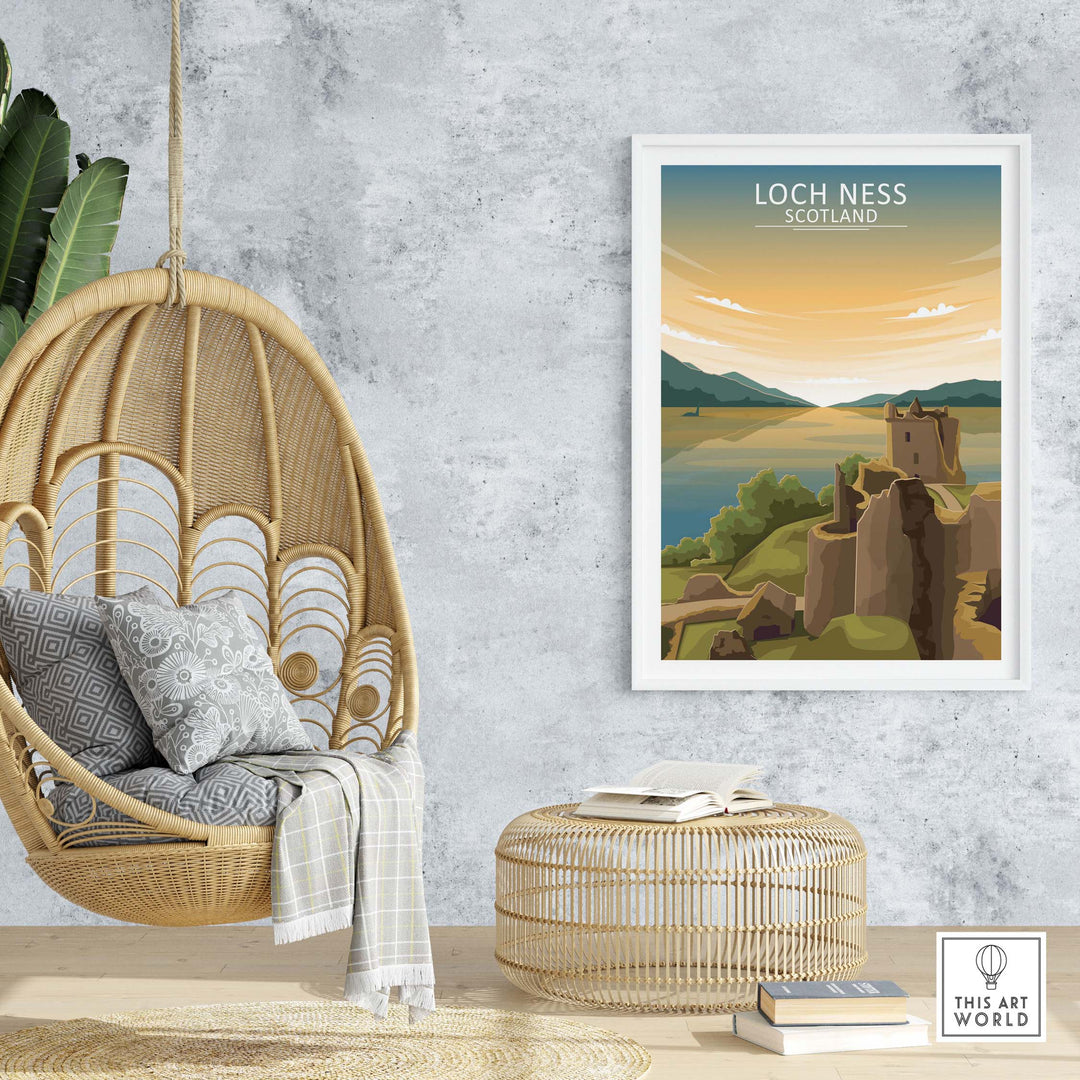 Framed Loch Ness Wall Art Print showcasing Scotland scenery in a stylish home setting with modern decor.
