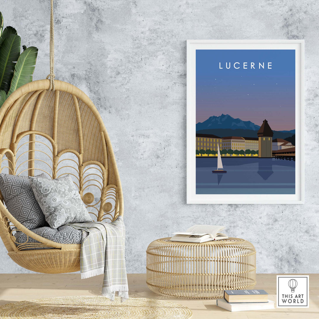 Lucerne Switzerland print in a stylish home setting, featuring a scenic lake view and mountain backdrop.