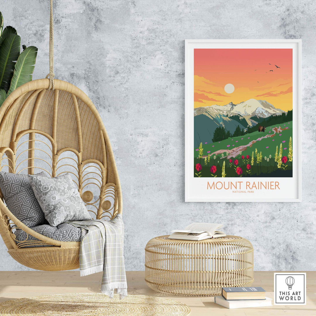 Mount Rainier National Park art print in stylish indoor setting with hanging chair and decorative items.