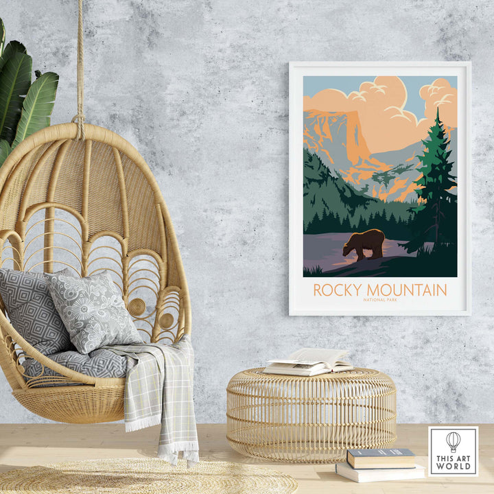 Rocky Mountain National Park poster featuring a bear, mountains, and trees, ideal for home or office decor.