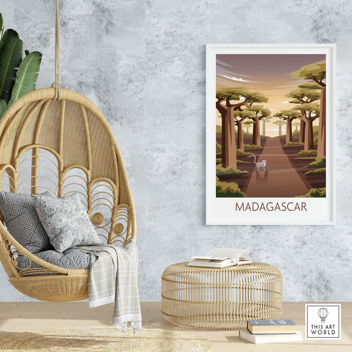 Madagascar travel poster displayed in a stylish room featuring a hanging chair and natural decor.