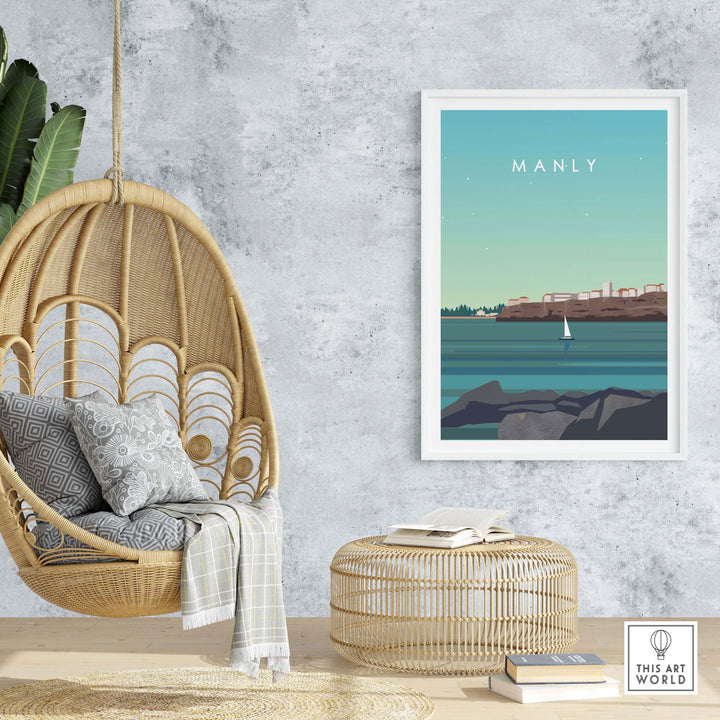 Manly Australia Poster Print displayed in a stylish interior with hanging chair and natural decor.
