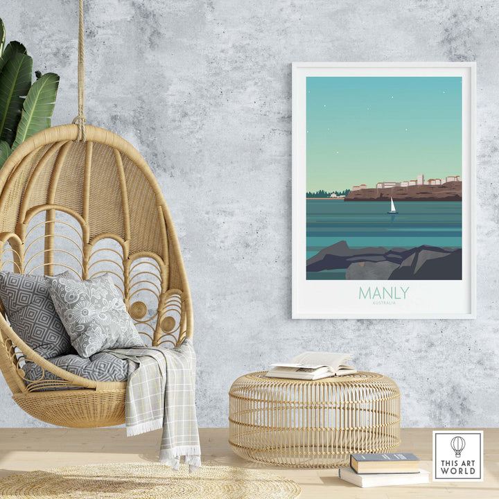 Stylish Manly Wall Art Australia poster displayed in a cozy living space with rattan chair and natural decor.