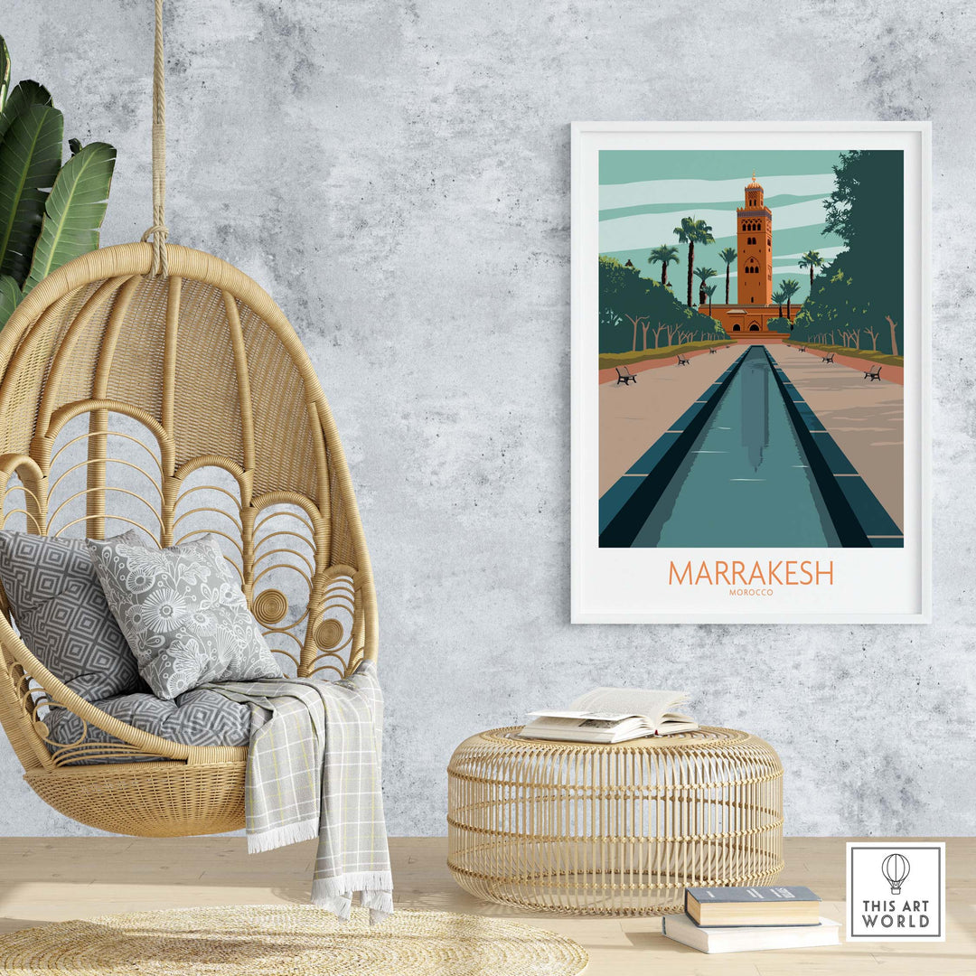 Marrakesh poster wall art featuring vintage design in a cozy home setting, highlighting travel inspiration.