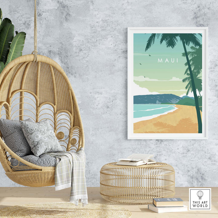 Maui print wall art poster showcasing a serene beach scene with palm trees, enhancing a tranquil home decor.