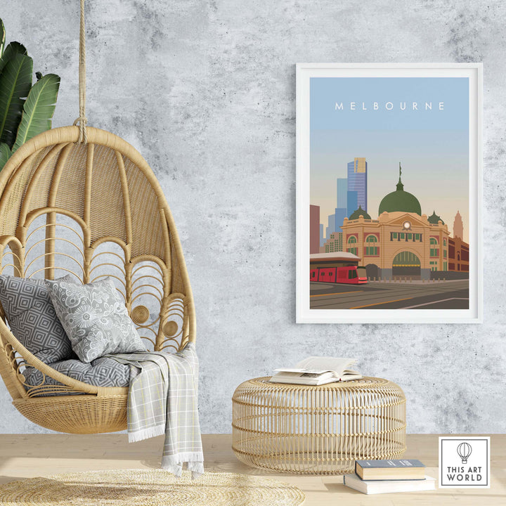 Melbourne Wall Art Print featuring the iconic Flinders Street Station in a minimalist style, perfect for home decor.