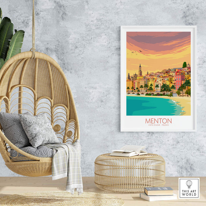 Menton Cote d'Azur Poster Print featured in a cozy home decor setting with hanging chair and natural elements.
