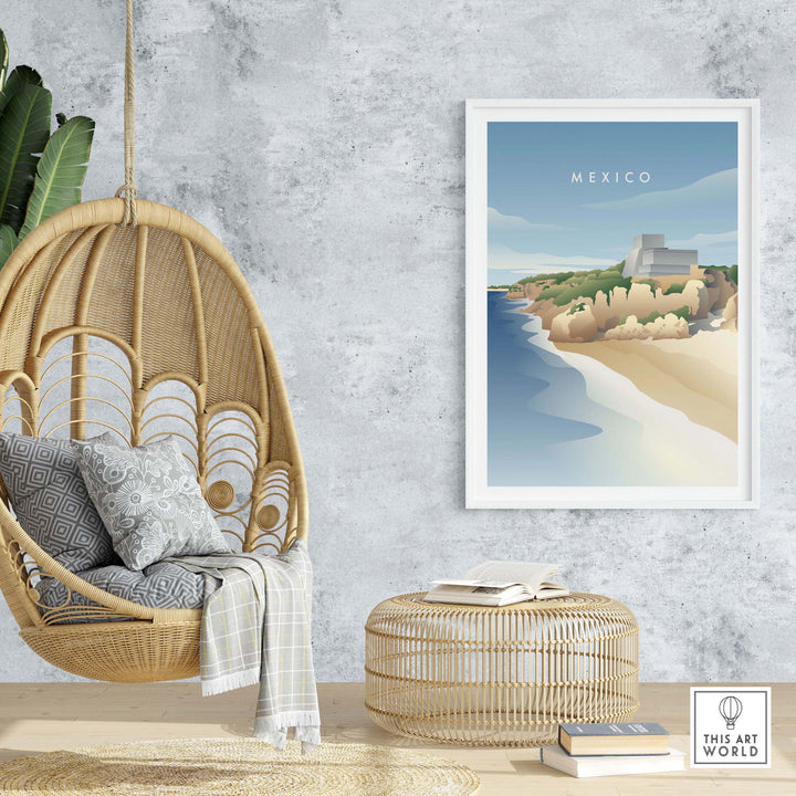 Stylish Mexico wall art poster featuring a beach landscape, enhancing home decor with travel inspiration.