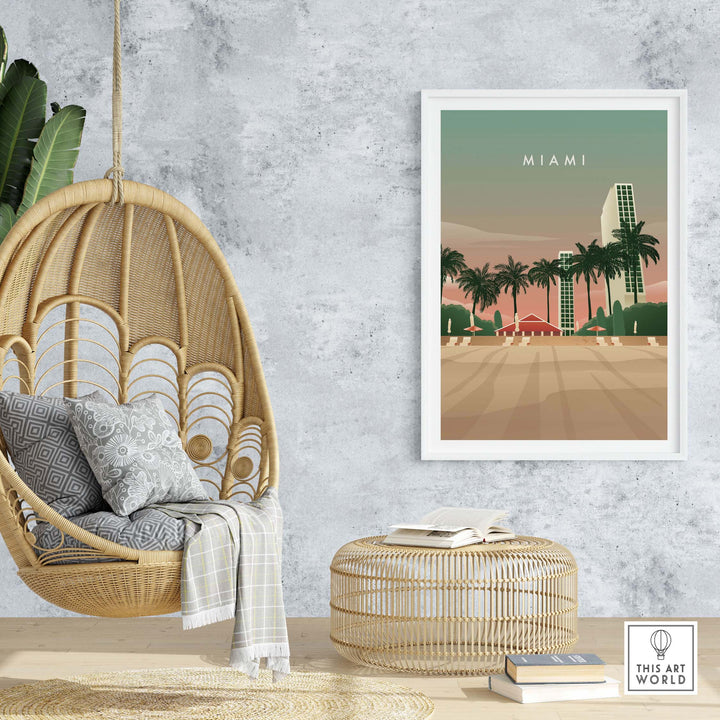 Miami Print Wall Art Poster displayed in a stylish home setting with a hanging chair and natural decor.