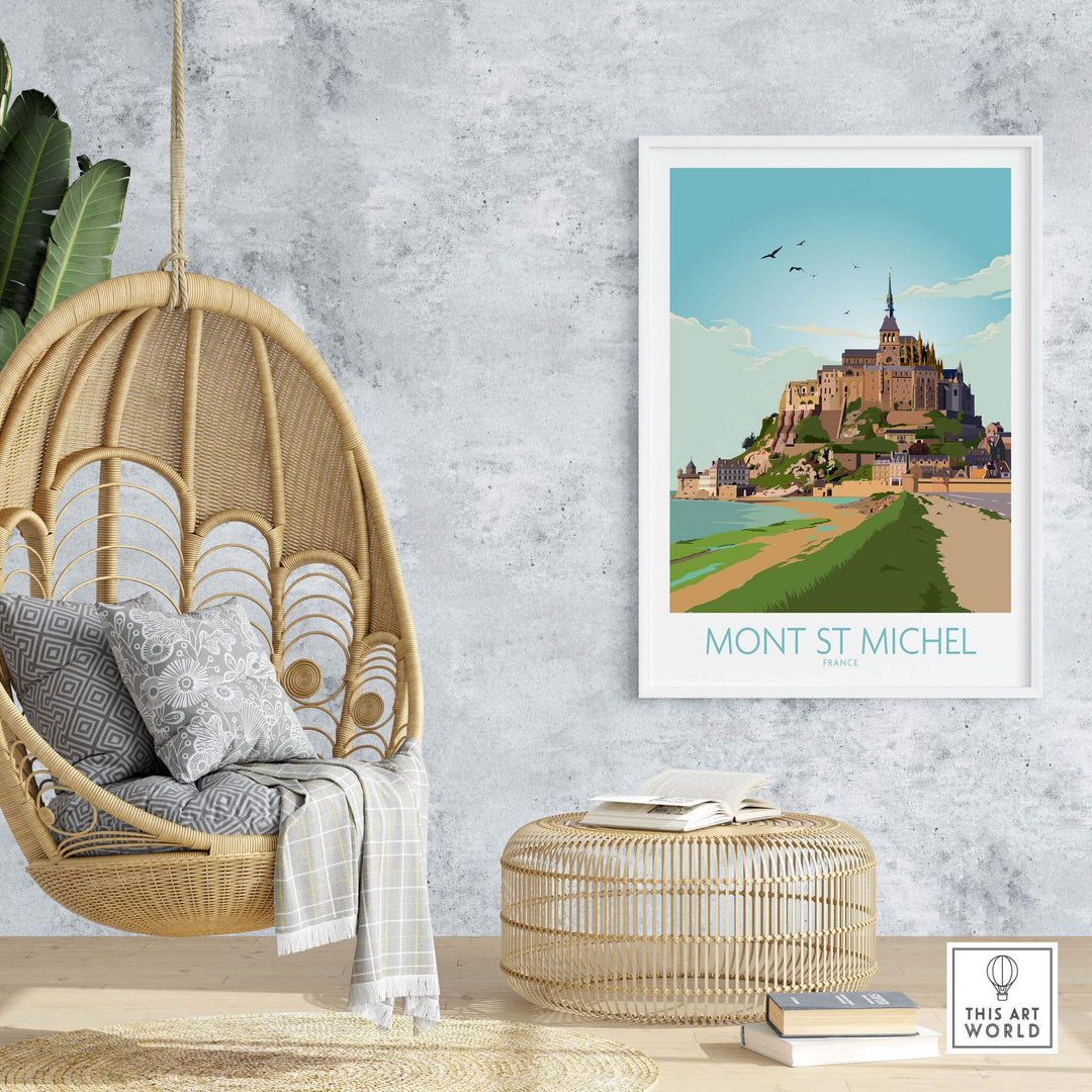 Mont Saint Michel print displayed in modern decor, showcasing vintage travel art and style for home or office.