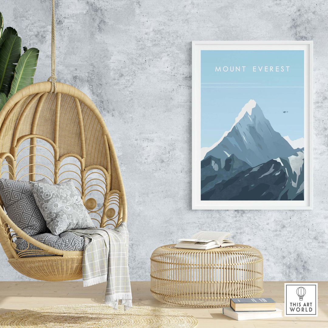 Mount Everest poster in a stylish home setting, showcasing vintage travel art inspired by the Himalayas.